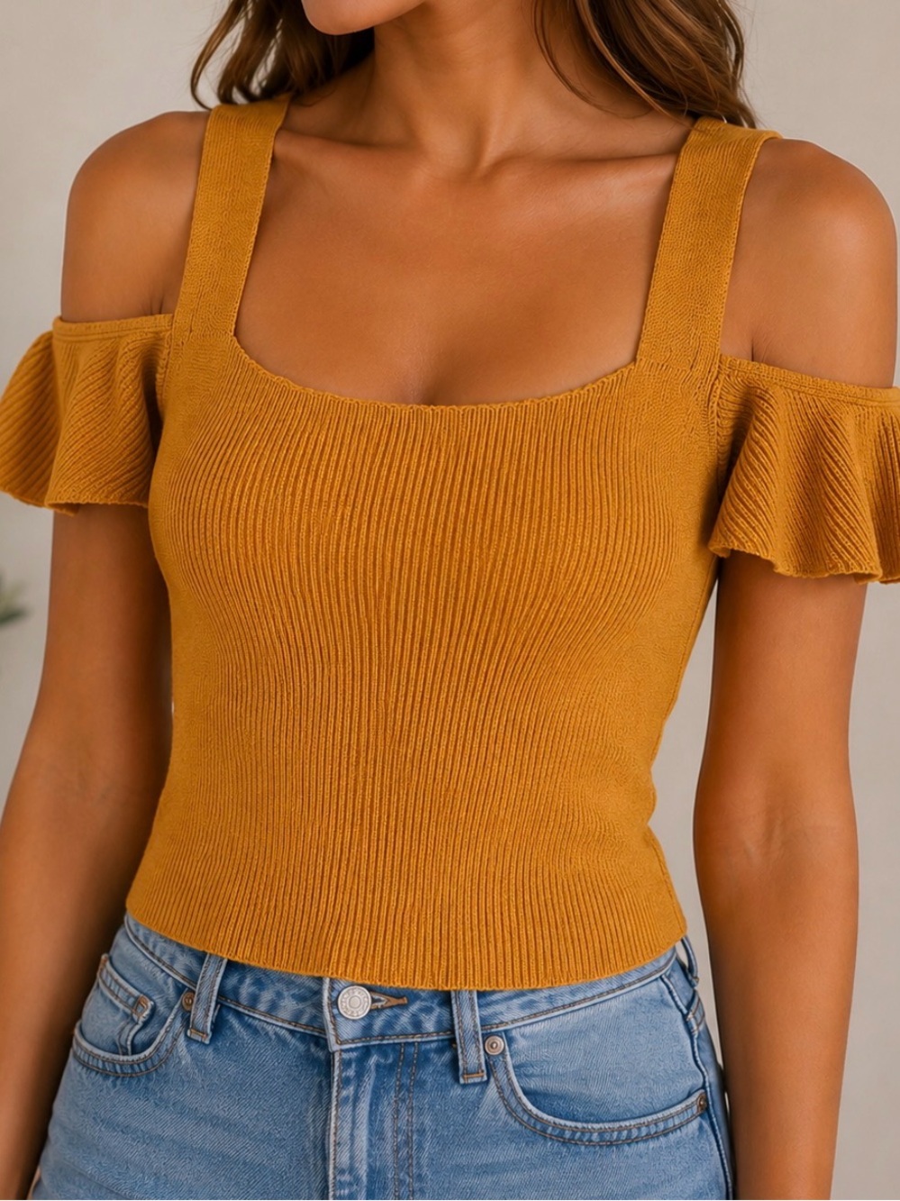 Topshop Off-Shoulder Knit Top – Mustard – US 4 (Small)